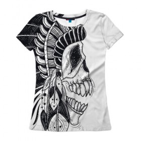 Женская футболка 3D с принтом Индейский демон , 100% полиэфир ( синтетическое хлопкоподобное полотно) | прямой крой, круглый вырез горловины, длина до линии бедер | indian | skeleton | skull | демон | индеец | перья | скелет | череп