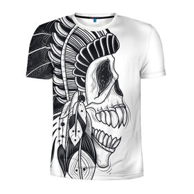 Мужская футболка 3D спортивная с принтом Индейский демон , 100% полиэстер с улучшенными характеристиками | приталенный силуэт, круглая горловина, широкие плечи, сужается к линии бедра | indian | skeleton | skull | демон | индеец | перья | скелет | череп