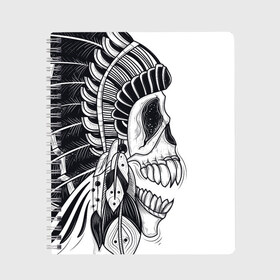 Тетрадь с принтом Индейский демон , 100% бумага | 48 листов, плотность листов — 60 г/м2, плотность картонной обложки — 250 г/м2. Листы скреплены сбоку удобной пружинной спиралью. Уголки страниц и обложки скругленные. Цвет линий — светло-серый
 | Тематика изображения на принте: indian | skeleton | skull | демон | индеец | перья | скелет | череп