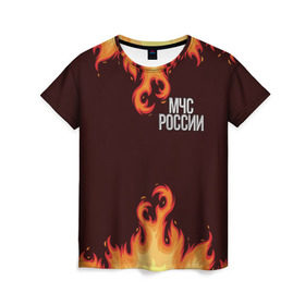 Женская футболка 3D с принтом МЧС России , 100% полиэфир ( синтетическое хлопкоподобное полотно) | прямой крой, круглый вырез горловины, длина до линии бедер | мчс | огонь | пламя | пожар | пожарник | пожарный | профессия | россия