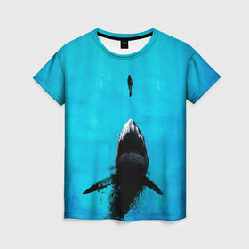 Женская футболка 3D с принтом Акула на охоте , 100% полиэфир ( синтетическое хлопкоподобное полотно) | прямой крой, круглый вырез горловины, длина до линии бедер | акула | женщина | море | охота | рыба | хищник