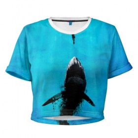 Женская футболка Cropp-top с принтом Акула на охоте , 100% полиэстер | круглая горловина, длина футболки до линии талии, рукава с отворотами | акула | женщина | море | охота | рыба | хищник