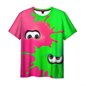 Мужская футболка 3D с принтом Splatoon , 100% полиэфир | прямой крой, круглый вырез горловины, длина до линии бедер | брызги | глаза | зеленый | игра | краски | розовый | салатовый