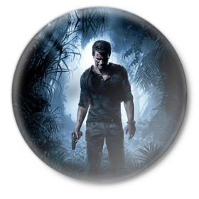 Значок с принтом Uncharted 4 (лого на спине) ,  металл | круглая форма, металлическая застежка в виде булавки | action | ps | анчартед | игра