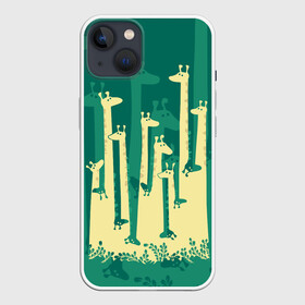 Чехол для iPhone 13 с принтом Жирафы ,  |  | africa | animals | fantasy | giraffes | long | neck | silhouette | spots | stencil | surrealism | аниме | африка | ветки | длинная | животные | жирафы | зелёный | картинка | крутой | листья | лучший | пятна | растения | рисунок | силуэт