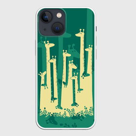 Чехол для iPhone 13 mini с принтом Жирафы ,  |  | africa | animals | fantasy | giraffes | long | neck | silhouette | spots | stencil | surrealism | аниме | африка | ветки | длинная | животные | жирафы | зелёный | картинка | крутой | листья | лучший | пятна | растения | рисунок | силуэт