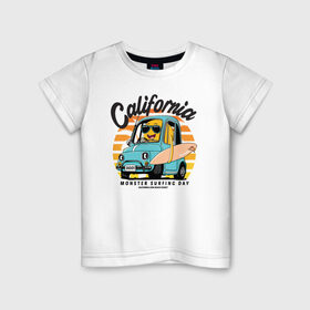 Детская футболка хлопок с принтом Калифорния , 100% хлопок | круглый вырез горловины, полуприлегающий силуэт, длина до линии бедер | Тематика изображения на принте: california | surfing | авто | калифорния | лето | монстр | серфинг