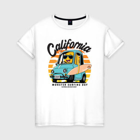 Женская футболка хлопок с принтом Калифорния , 100% хлопок | прямой крой, круглый вырез горловины, длина до линии бедер, слегка спущенное плечо | california | surfing | авто | калифорния | лето | монстр | серфинг
