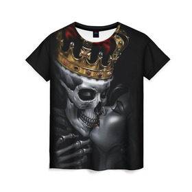 Женская футболка 3D с принтом Скелет и девушка , 100% полиэфир ( синтетическое хлопкоподобное полотно) | прямой крой, круглый вырез горловины, длина до линии бедер | девушка | женщина | король | корона | любовь | пара | поцелуй | скелет | череп