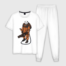 Мужская пижама хлопок с принтом Панда Космонавт , 100% хлопок | брюки и футболка прямого кроя, без карманов, на брюках мягкая резинка на поясе и по низу штанин
 | астронавт | космонавт | космос | панда | панды