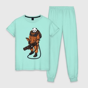 Женская пижама хлопок с принтом Панда Космонавт , 100% хлопок | брюки и футболка прямого кроя, без карманов, на брюках мягкая резинка на поясе и по низу штанин | астронавт | космонавт | космос | панда | панды