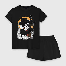 Женская пижама с шортиками хлопок с принтом Гангстер Панда , 100% хлопок | футболка прямого кроя, шорты свободные с широкой мягкой резинкой | автомат | банда | гангстер | мафия | панда | панды | преступник | томпсон