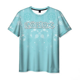 Мужская футболка 3D с принтом Roblox Новогодний , 100% полиэфир | прямой крой, круглый вырез горловины, длина до линии бедер | dynablocks | roblox | блоки | вселенная | герои | год | кубики | новый | роблокс | снег | снежинки | узор