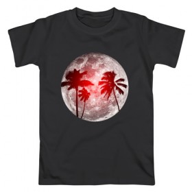 Мужская футболка хлопок с принтом Красный закат в тропиках , 100% хлопок | прямой крой, круглый вырез горловины, длина до линии бедер, слегка спущенное плечо. | закат | лето | луна | ночь | пальмы | тропики