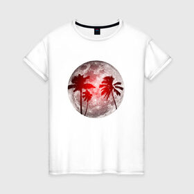 Женская футболка хлопок с принтом Красный закат в тропиках , 100% хлопок | прямой крой, круглый вырез горловины, длина до линии бедер, слегка спущенное плечо | закат | лето | луна | ночь | пальмы | тропики