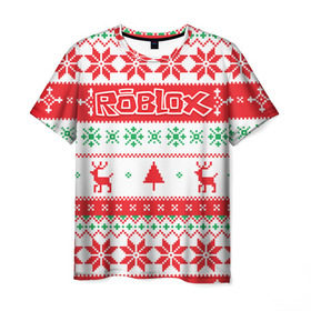 Мужская футболка 3D с принтом Новогодний Roblox , 100% полиэфир | прямой крой, круглый вырез горловины, длина до линии бедер | dynablocks | roblox | блоки | вселенная | герои | год | кубики | новый | роблокс | снег | снежинки | узор