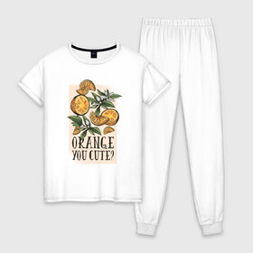 Женская пижама хлопок с принтом Апельсины , 100% хлопок | брюки и футболка прямого кроя, без карманов, на брюках мягкая резинка на поясе и по низу штанин | 