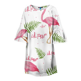 Детское платье 3D с принтом Lil Peep pink flamingo , 100% полиэстер | прямой силуэт, чуть расширенный к низу. Круглая горловина, на рукавах — воланы | benz truck | girls. pink | gustav hr | hip hop | lil | lil peep | peep | rap | лил | лилпип | листья | пальма | пальмы | пип | розовый | рэп | фламинго | хип хоп | эмо | эмо реп