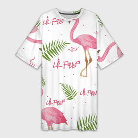 Платье-футболка 3D с принтом Lil Peep pink flamingo ,  |  | Тематика изображения на принте: benz truck | girls. pink | gustav hr | hip hop | lil | lil peep | peep | rap | лил | лилпип | листья | пальма | пальмы | пип | розовый | рэп | фламинго | хип хоп | эмо | эмо реп