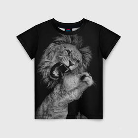 Детская футболка 3D с принтом Лев и львица , 100% гипоаллергенный полиэфир | прямой крой, круглый вырез горловины, длина до линии бедер, чуть спущенное плечо, ткань немного тянется | животные | кот | кошка | лев | львица | оскал | природа | рык | рычит | хищник