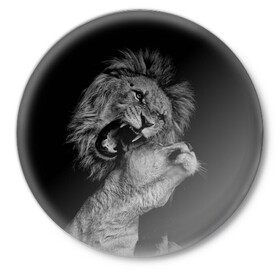 Значок с принтом Лев и львица ,  металл | круглая форма, металлическая застежка в виде булавки | Тематика изображения на принте: животные | кот | кошка | лев | львица | оскал | природа | рык | рычит | хищник