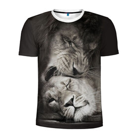 Мужская футболка 3D спортивная с принтом Лев и львица , 100% полиэстер с улучшенными характеристиками | приталенный силуэт, круглая горловина, широкие плечи, сужается к линии бедра | животные | кот | кошка | лев | львица | оскал | природа | рык | рычит | хищник