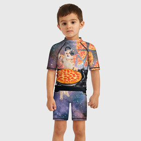 Детский купальный костюм 3D с принтом Кот Диджей , Полиэстер 85%, Спандекс 15% | застежка на молнии на спине | cat | cosmos | dj | fast | fastfood | food | meme | party | pizza | space | вечеринка | диджей | еда | космос | кошак | кошка | мем | пицца | фастфуд
