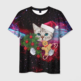 Мужская футболка 3D с принтом astro cat , 100% полиэфир | прямой крой, круглый вырез горловины, длина до линии бедер | art | cat | new year | pizza | space | абстракция | еда | ёлка | звезды | киса | космос | кот | кот в космосе | кот с едой | котенок | котик | кошка | новый год | пицца | праздник | рождество | шапка