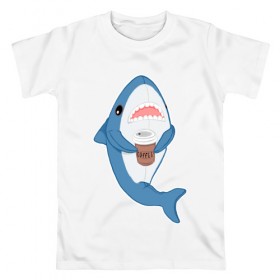 Мужская футболка хлопок с принтом Hype Shark , 100% хлопок | прямой крой, круглый вырез горловины, длина до линии бедер, слегка спущенное плечо. | coffee | cute | hype | kawaii | shark | акула | кофе | милый | море | рыба | хищник
