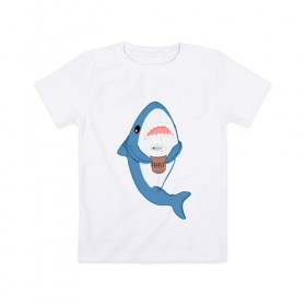 Детская футболка хлопок с принтом Hype Shark , 100% хлопок | круглый вырез горловины, полуприлегающий силуэт, длина до линии бедер | coffee | cute | hype | kawaii | shark | акула | кофе | милый | море | рыба | хищник