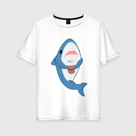 Женская футболка хлопок Oversize с принтом Hype Shark , 100% хлопок | свободный крой, круглый ворот, спущенный рукав, длина до линии бедер
 | coffee | cute | hype | kawaii | shark | акула | кофе | милый | море | рыба | хищник
