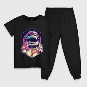 Детская пижама хлопок с принтом Космонавт с Едой , 100% хлопок |  брюки и футболка прямого кроя, без карманов, на брюках мягкая резинка на поясе и по низу штанин
 | астронавт | в космосе | галактика | еда | звезды | космонавт | космос | пицца | пончик