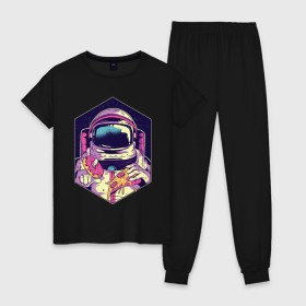 Женская пижама хлопок с принтом Космонавт с Едой , 100% хлопок | брюки и футболка прямого кроя, без карманов, на брюках мягкая резинка на поясе и по низу штанин | астронавт | в космосе | галактика | еда | звезды | космонавт | космос | пицца | пончик