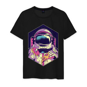 Мужская футболка хлопок с принтом Космонавт с Едой , 100% хлопок | прямой крой, круглый вырез горловины, длина до линии бедер, слегка спущенное плечо. | астронавт | в космосе | галактика | еда | звезды | космонавт | космос | пицца | пончик
