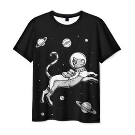 Мужская футболка 3D с принтом кот в скафандре , 100% полиэфир | прямой крой, круглый вырез горловины, длина до линии бедер | space | астронавт | галактика | звезды | космонавт | космос | кот | планеты | скафандр
