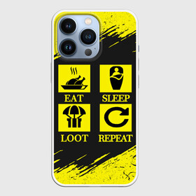 Чехол для iPhone 13 Pro с принтом PUBG. ,  |  | battle royal | eat | loot | playerunknowns battlegrounds | pubg | repeat | sleep | вектор | грабить | гранж | есть | игра | пабг | повторять | пубг | сон