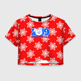 Женская футболка 3D укороченная с принтом HAPPY NEW YEAR 2019 , 100% полиэстер | круглая горловина, длина футболки до линии талии, рукава с отворотами | christmas | new year | pig | snow | год свиньи | ёлка | зима | кабан | каникулы | новогодний паттерн | новый год | праздник | рождество | свинья | снег | снежинки