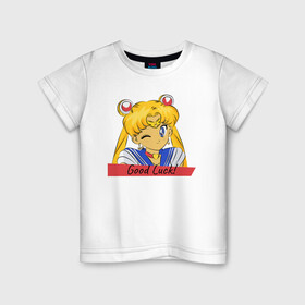 Детская футболка хлопок с принтом Sailor Moon Good Luck , 100% хлопок | круглый вырез горловины, полуприлегающий силуэт, длина до линии бедер | good luck | goodluck | sailor moon | sailormoon | мультик | мультяшка | надпись | сейлор мун | сейлормун | сэйлормун | удачи