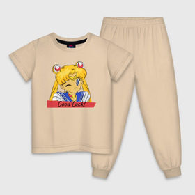 Детская пижама хлопок с принтом Sailor Moon Good Luck , 100% хлопок |  брюки и футболка прямого кроя, без карманов, на брюках мягкая резинка на поясе и по низу штанин
 | good luck | goodluck | sailor moon | sailormoon | мультик | мультяшка | надпись | сейлор мун | сейлормун | сэйлормун | удачи