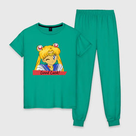 Женская пижама хлопок с принтом Sailor Moon Good Luck , 100% хлопок | брюки и футболка прямого кроя, без карманов, на брюках мягкая резинка на поясе и по низу штанин | good luck | goodluck | sailor moon | sailormoon | мультик | мультяшка | надпись | сейлор мун | сейлормун | сэйлормун | удачи