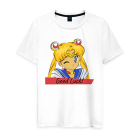 Мужская футболка хлопок с принтом Sailor Moon Good Luck , 100% хлопок | прямой крой, круглый вырез горловины, длина до линии бедер, слегка спущенное плечо. | Тематика изображения на принте: good luck | goodluck | sailor moon | sailormoon | мультик | мультяшка | надпись | сейлор мун | сейлормун | сэйлормун | удачи