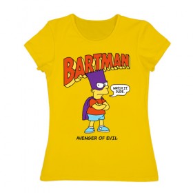 Женская футболка хлопок с принтом Барт Симпсон , 100% хлопок | прямой крой, круглый вырез горловины, длина до линии бедер, слегка спущенное плечо | bart simpson | simpsons | барт | барт симпсон | бартмен | симпcоны | супергерой