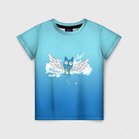 Детская футболка 3D с принтом Happy Aye! (Fairy Tail) , 100% гипоаллергенный полиэфир | прямой крой, круглый вырез горловины, длина до линии бедер, чуть спущенное плечо, ткань немного тянется | anime | blue | cat | fairy tail | happy | аниме | кот | кошка | синий | хвост феи | хэппи