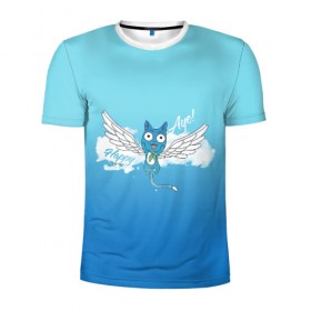 Мужская футболка 3D спортивная с принтом Happy Aye! (Fairy Tail) , 100% полиэстер с улучшенными характеристиками | приталенный силуэт, круглая горловина, широкие плечи, сужается к линии бедра | Тематика изображения на принте: anime | blue | cat | fairy tail | happy | аниме | кот | кошка | синий | хвост феи | хэппи