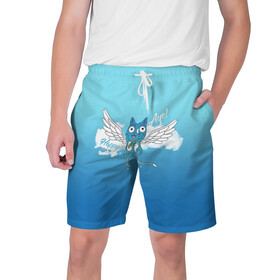 Мужские шорты 3D с принтом Happy Aye! (Fairy Tail) ,  полиэстер 100% | прямой крой, два кармана без застежек по бокам. Мягкая трикотажная резинка на поясе, внутри которой широкие завязки. Длина чуть выше колен | Тематика изображения на принте: anime | blue | cat | fairy tail | happy | аниме | кот | кошка | синий | хвост феи | хэппи