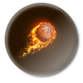 Значок с принтом Баскетбол ,  металл | круглая форма, металлическая застежка в виде булавки | баскетбол | мяч | огонь