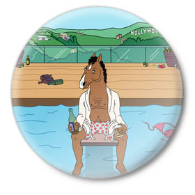 Значок с принтом Конь БоДжек ,  металл | круглая форма, металлическая застежка в виде булавки | bojack | hollywood | horseman | бассейн | боджек | конь