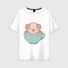 Женская футболка хлопок Oversize с принтом Cup of Pig , 100% хлопок | свободный крой, круглый ворот, спущенный рукав, длина до линии бедер
 | 2019 | дед мороз | дом | елка | желание | животные | зима | кабан | милый | мороз | настроение | новый год | пеппа | подарок | позитив | поросенок | праздник | радость | рождество | салют | санта клаус