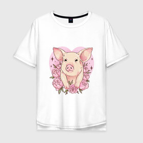 Мужская футболка хлопок Oversize с принтом Love Pig , 100% хлопок | свободный крой, круглый ворот, “спинка” длиннее передней части | Тематика изображения на принте: 