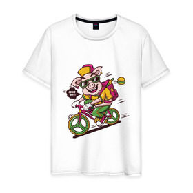 Мужская футболка хлопок с принтом Свинка на велосипеде , 100% хлопок | прямой крой, круглый вырез горловины, длина до линии бедер, слегка спущенное плечо. | 
